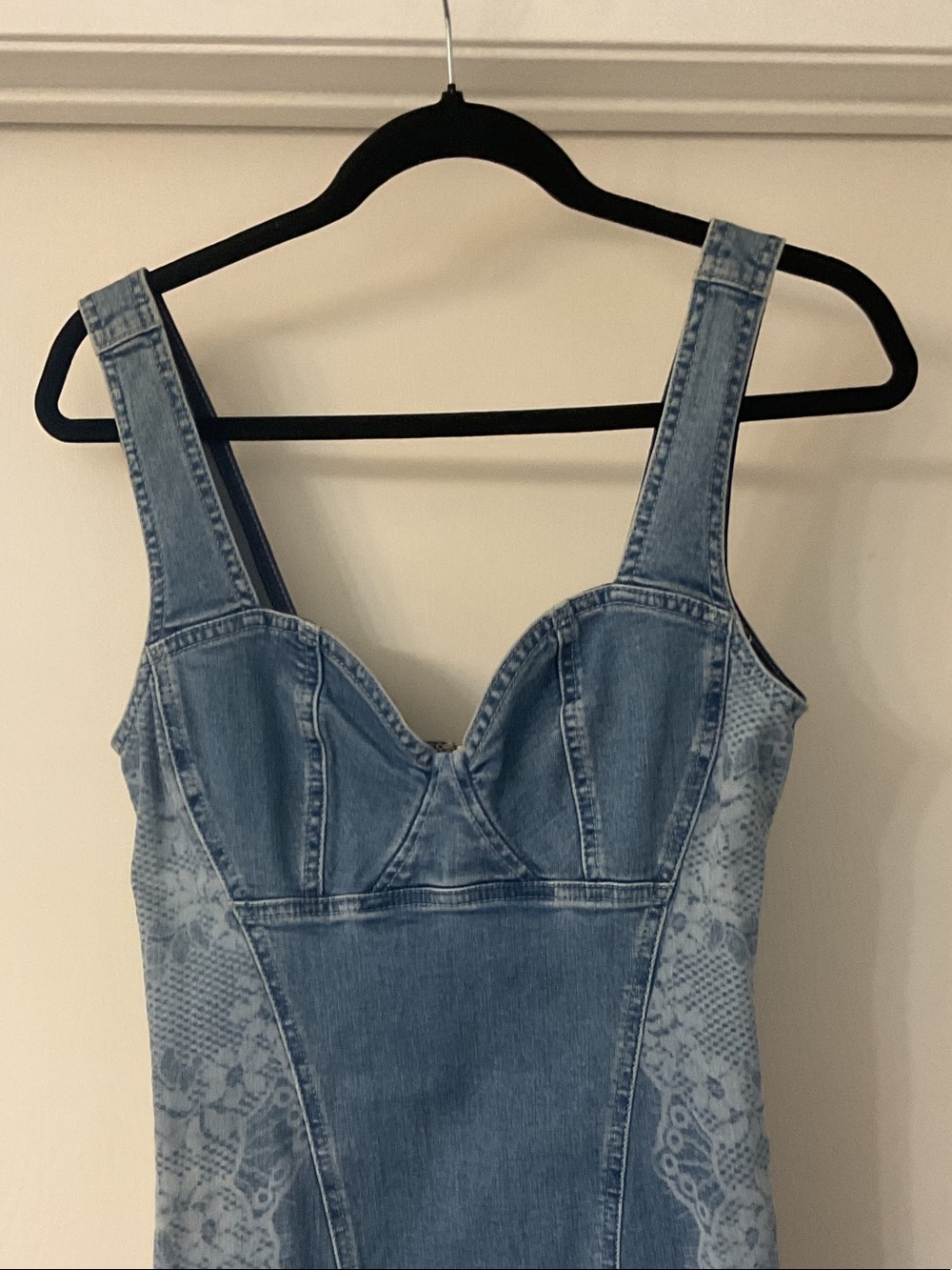 Guess Blue Denim Mini Dress with Lace-Effect Panels - Picture 2 of 6